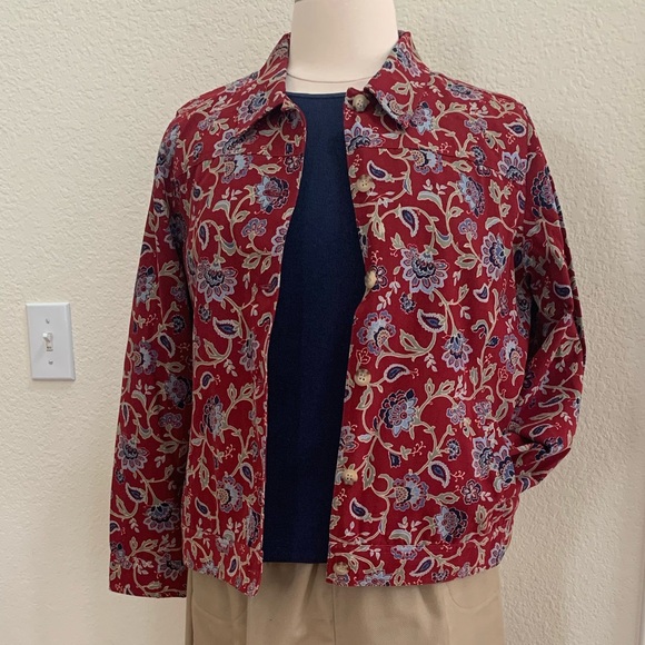 Haymaker XL, dark red, blue, green, tan floral pattern denim jacket - Picture 5 of 15